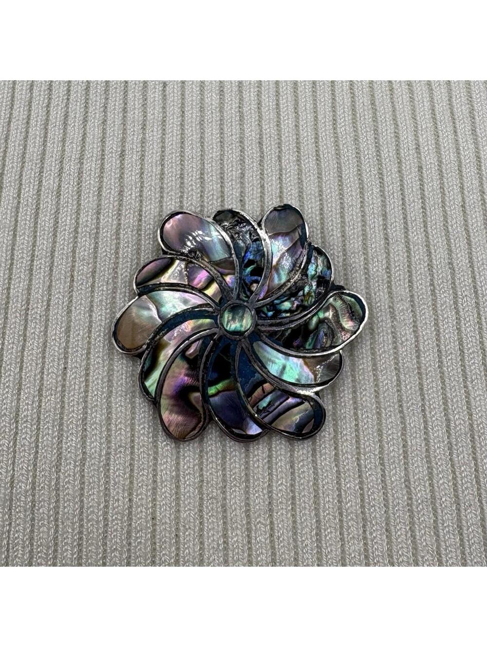 Vintage 925 Sterling Silver Abalone Shell Pinwheel Flower Brooch